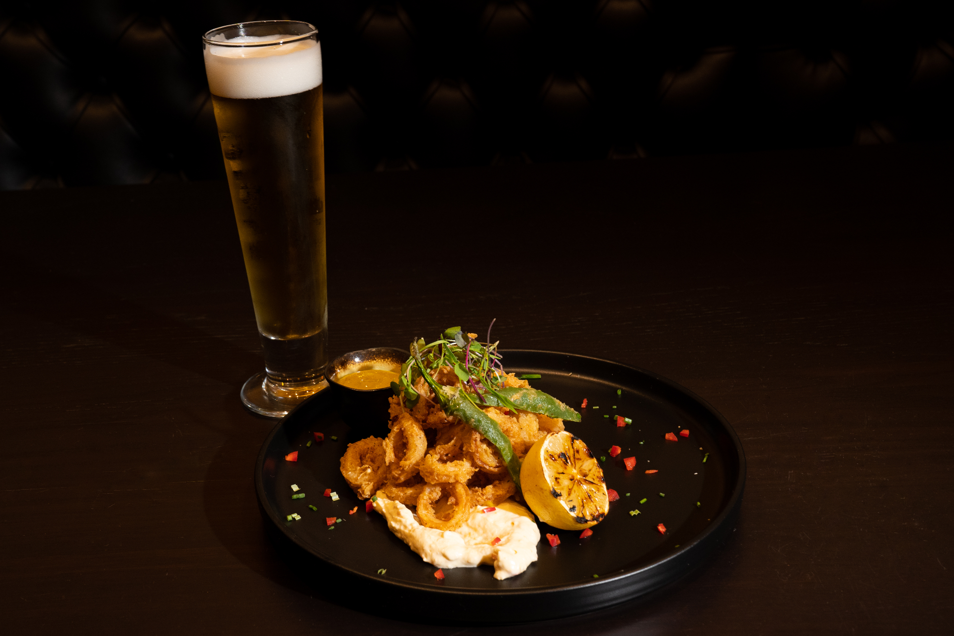 Crispy calamari with chipotle aioli and craft beer