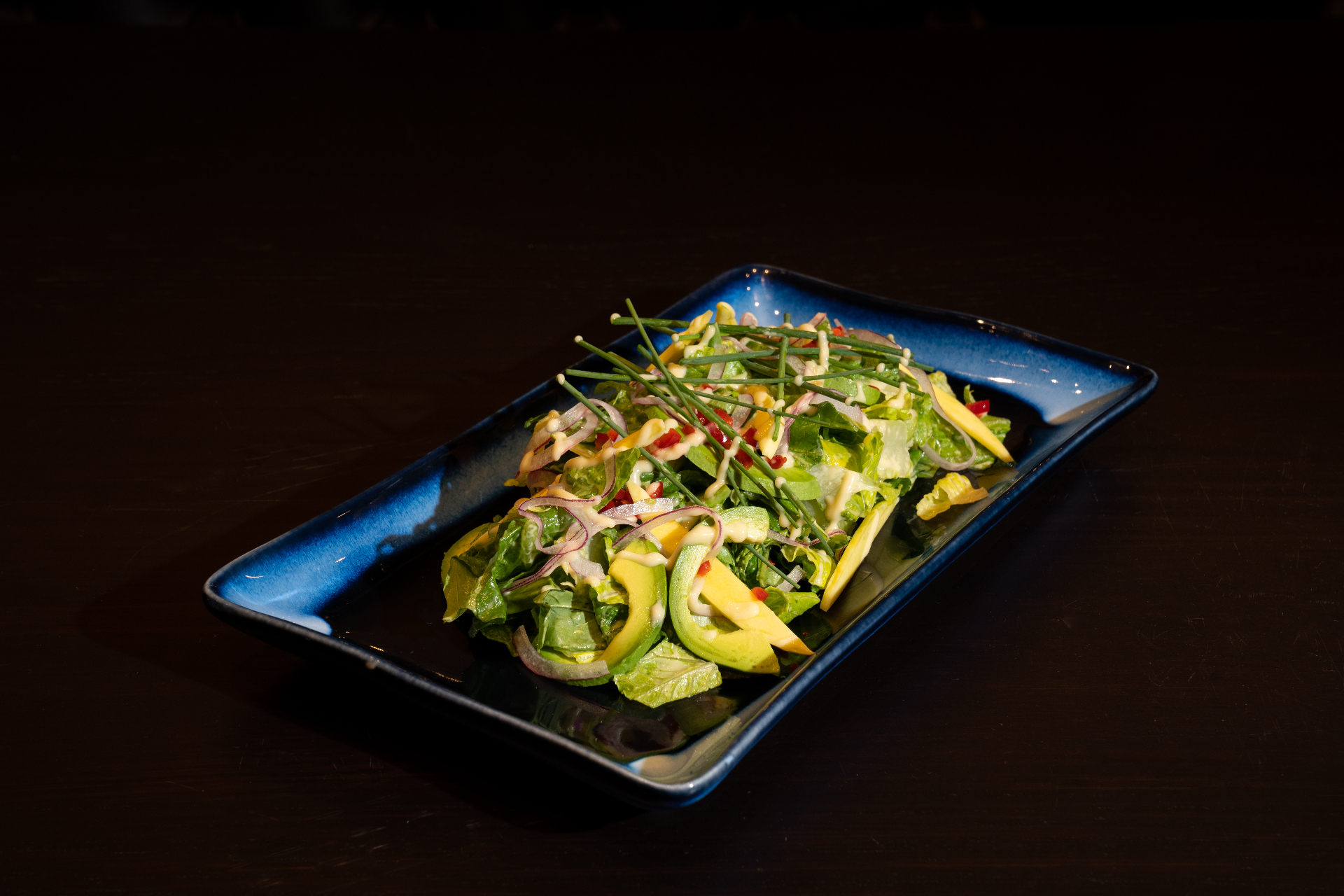 Avocado mango salad on artisan plate